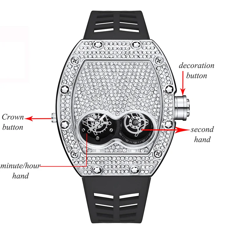 PINTIME Men Watches Luxury Iced Out Diamond Stainless Steel Quartz Wristwatches Silicone Strap Tonneau Clock Relogio Masculino