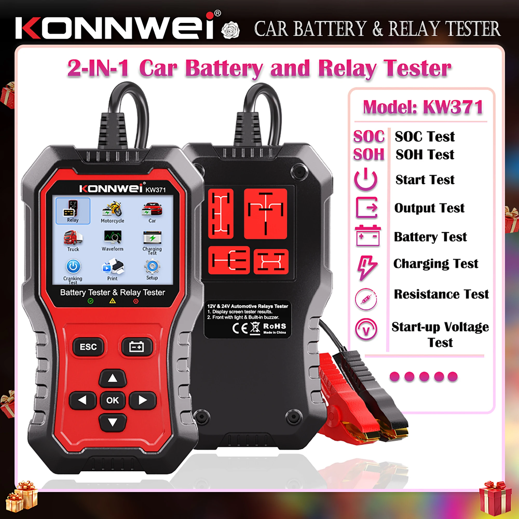 2026 KONNWEI KW371 2 In 1 Car Battery Tester Relay Tester 6V-12V-24V Digital Auto Battery Analyzer Vehicle Repair Tool