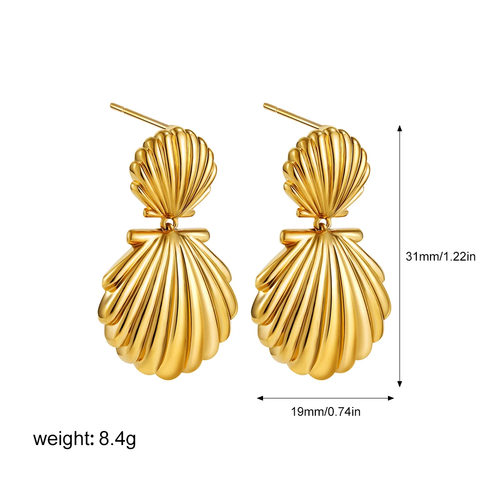 Shell Textured Metal Stainless Steel Drop Earrings Summer Beach Holiday Waterproof Charm Jewelry for Women