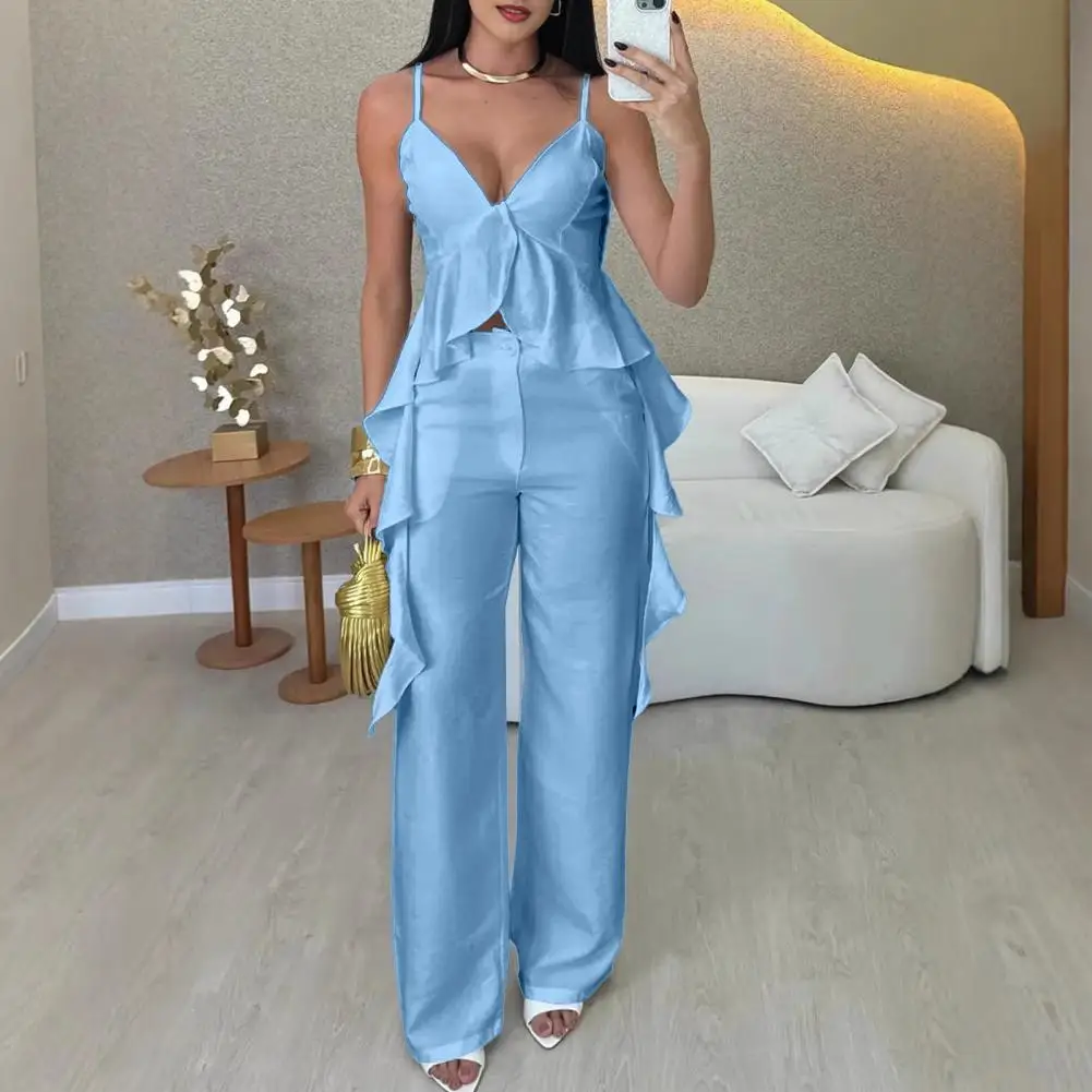 

Solid Color Women Suit Women Polyester Suit Set Stylish Women's V-neck Top Pants Set for Office Party Wear Ruffled Camisole Top