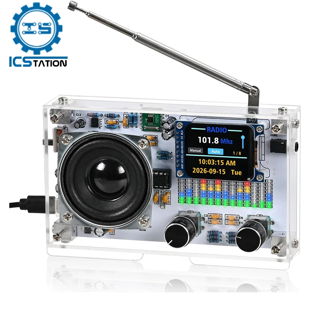 DIY FM Radio Soldering Project Kit with Spectrum LED 12/24H Clock Auto/Manual Tuning STEM Electronics Project for Adults & Teens