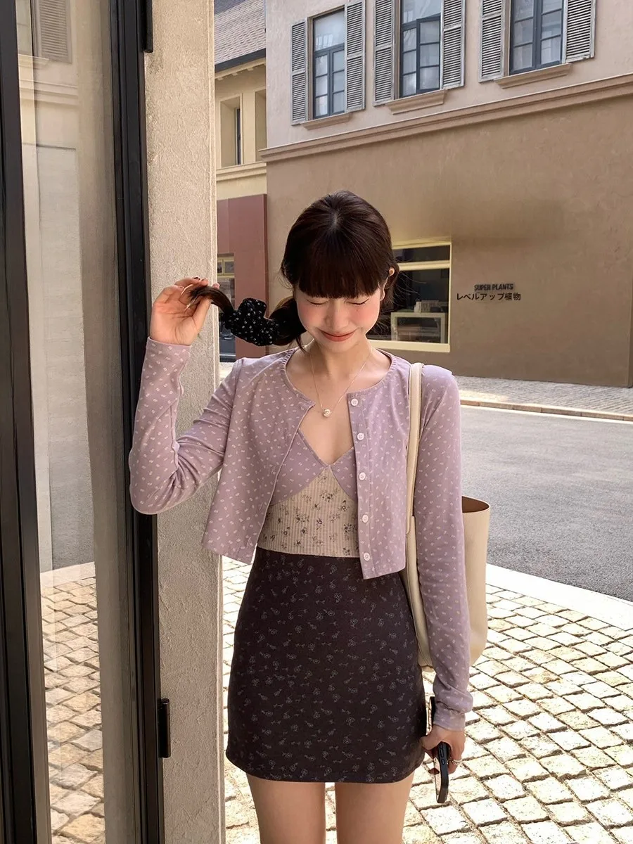 

Sinbounboun Pure Desire V-neck Floral Print Short Sleeveless Dress High Waist Two-piece Set Women's Fashion Spring Outfit