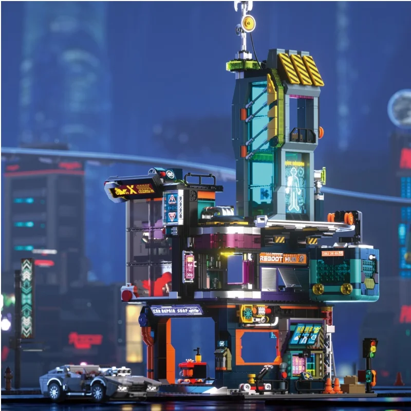 Blocos de construção de cidade de reparo cibernético futuro punk cidade modelo de arquitetura para crianças brinquedos presentes de aniversário ornamento de mesa com led