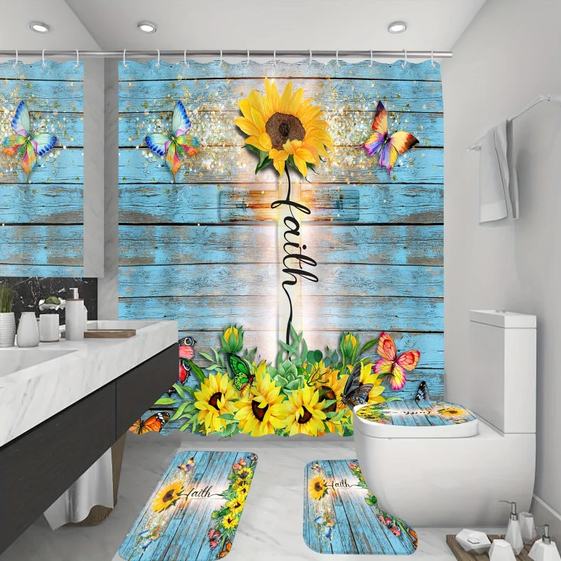 

4 шт., набор занавесок для душа с красивыми подсолнухами, красочные наборы для ванной комнаты с занавеской для душа и ковриками, водонепроницаемый душ