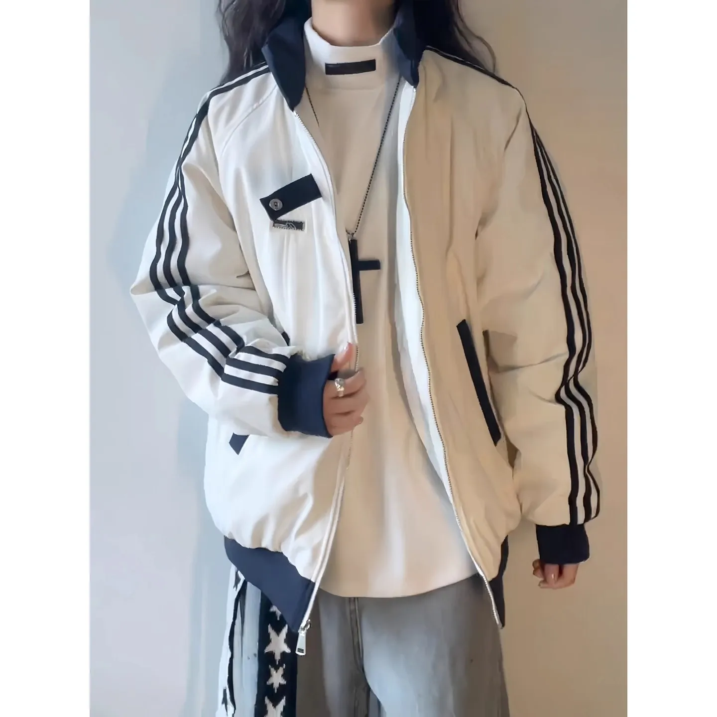 

American Color Blo Flight Jaet Cotton Men's Winter Fce Thiened Cotton Clothes Tee Stripe Stripe Pattern Stand Coll...