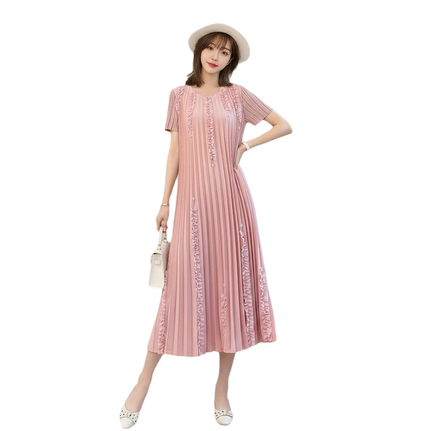 Elegant dress for women summer seaside resort style pink skirt Miyake pleated short-sleeved fashion large size pleated skirt - view 5