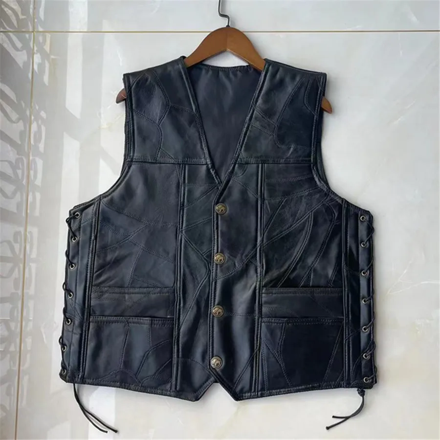 

2026 New Men Motorcycle Soft Leather Vest Punk Sleeveless Jacket Riding Biker V-neck Waistcoat Men's Clothing Cool Streetwear