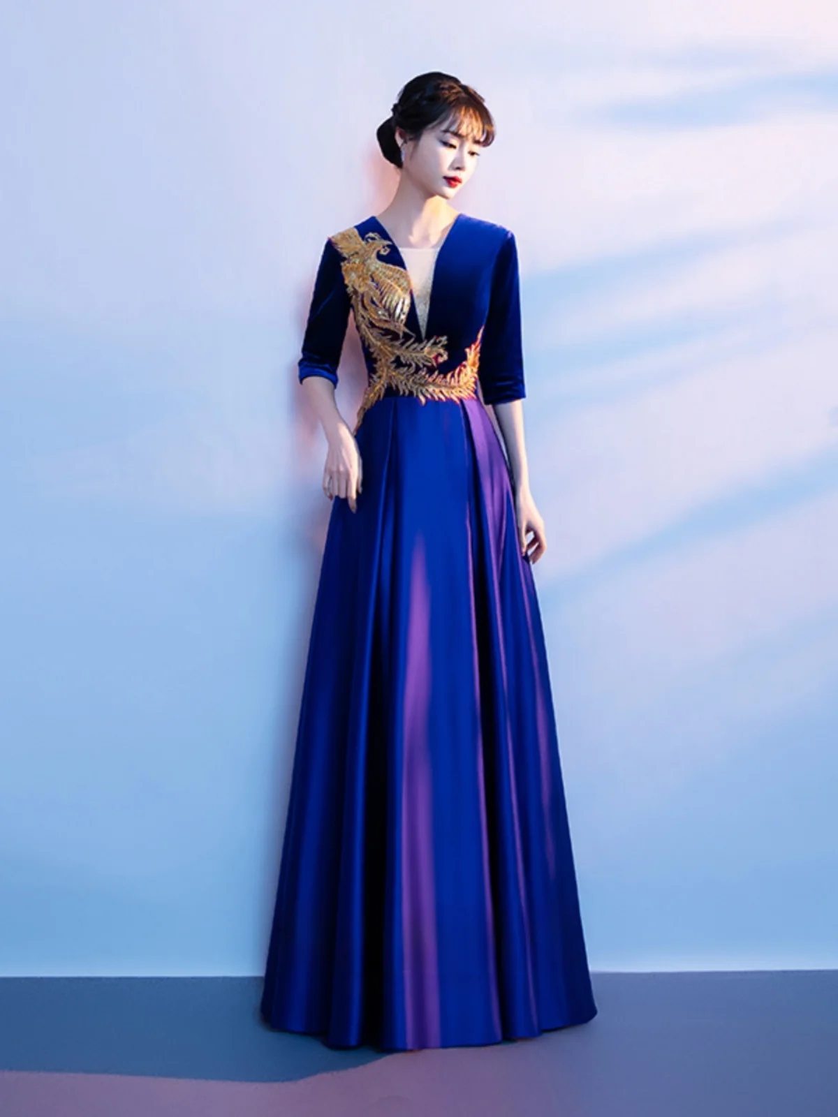 

Длинное бархатное вечернее платье Ele, женское платье для выступлений, длиной до пола, U-Ne, полиэфирное волокно с пятью точками