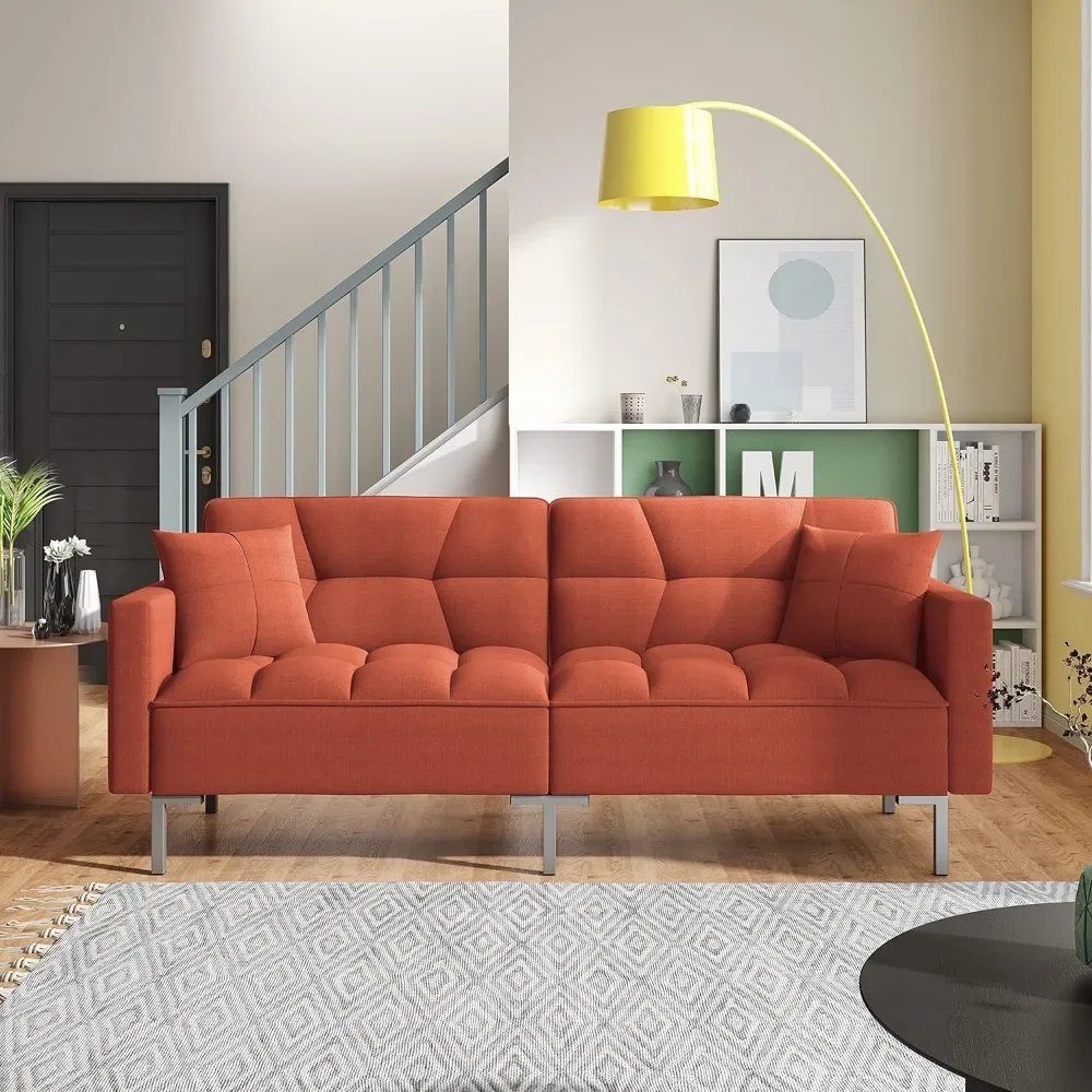 

Modern Linen Fabric Convertible Upholstered Sofa Couch Bed with Adjustable Back for Living Room,Apartment,Office,Orange