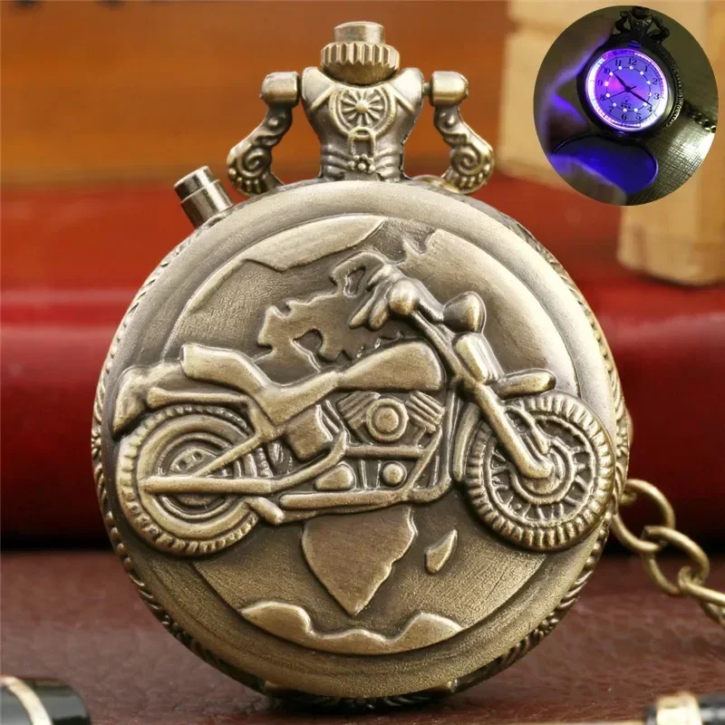 Vintage Luminous Clock Analog Quartz Pocket Watch Pendant Chain Motorcycle Motorbike Light Watches Clock for Men Women