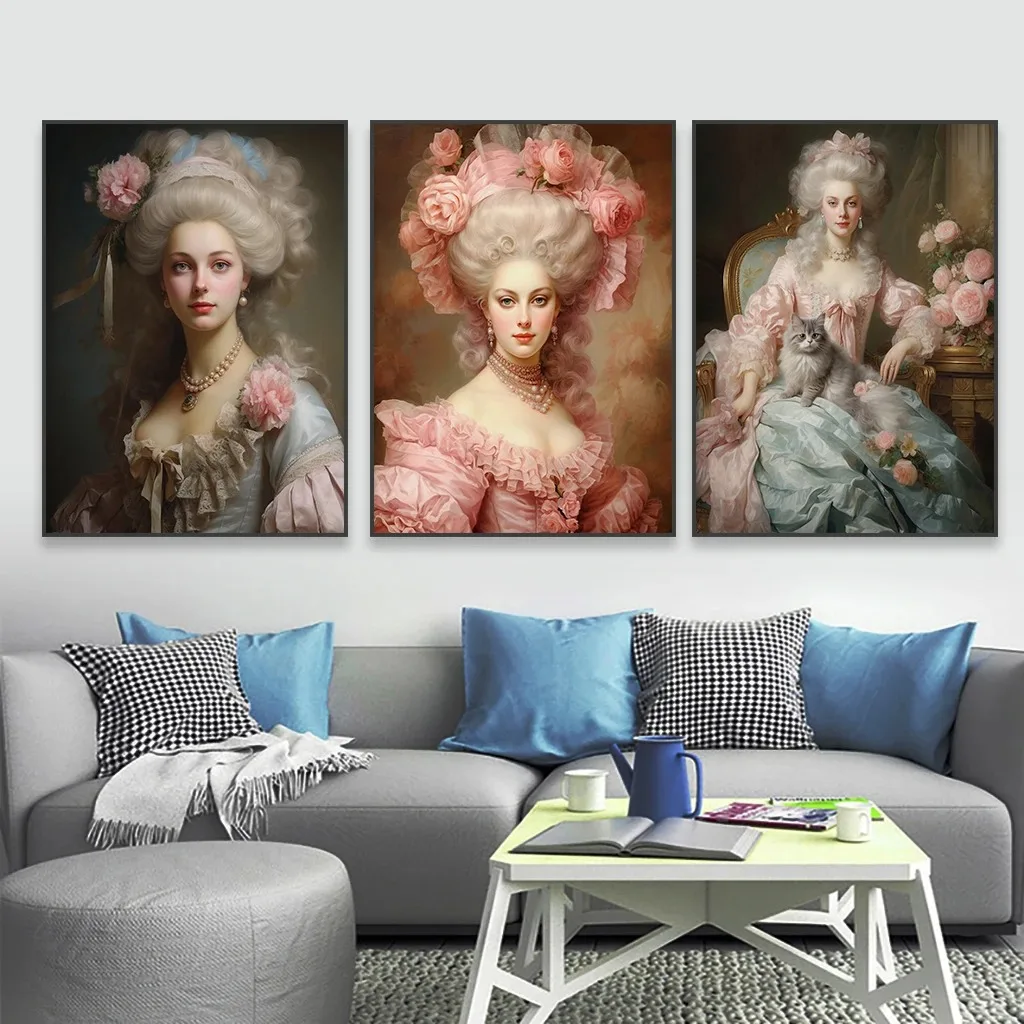 Rococo Princess Oil Painting Prints Baroque Eurasian Beauty Vintage Poster Pastel Pink Floral Rococo Lady Canvas Painting Decor