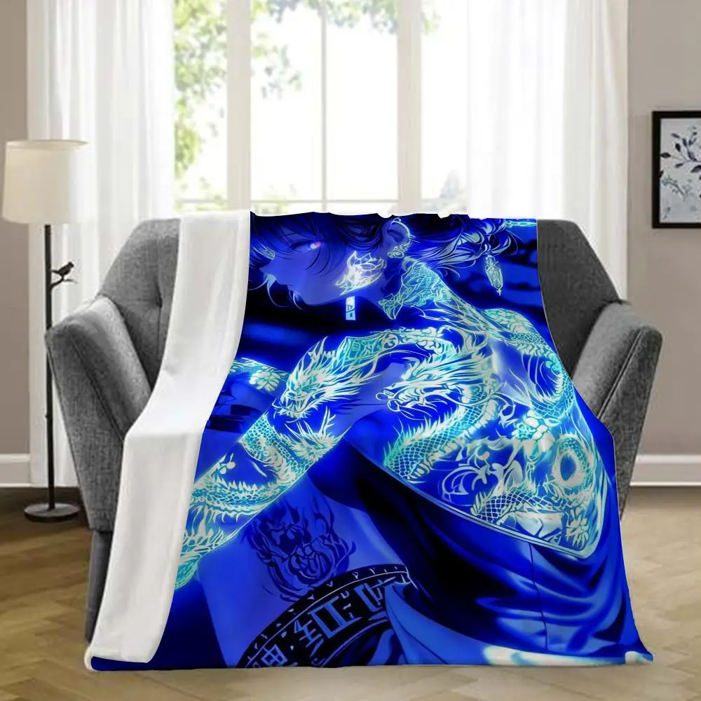 Neon Blue Dragon Tattoo Anime Girl Throw Blanket, Dark Aesthetic Manga Art Print Cozy Soft Flannel Blanket Throw Blanket Aesthet