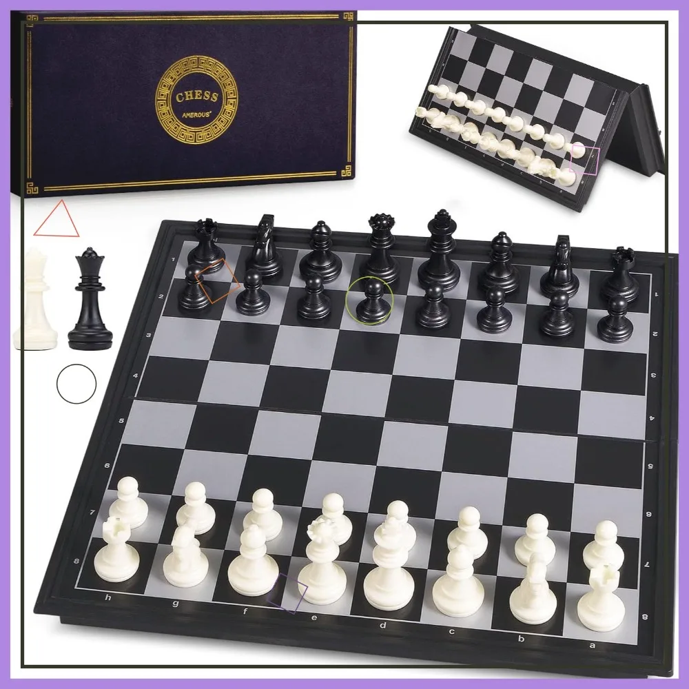 

10 Inches Magnetic Travel Chess Set with Folding Board - 2 Extra Queens, Instructions for Beginners, Kids & Adults