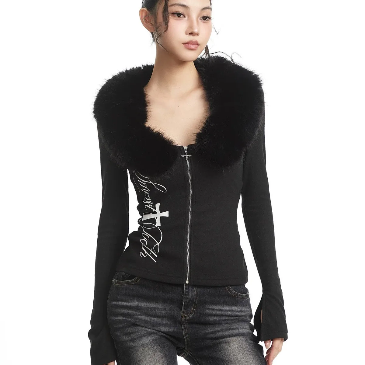 Y2K Vintage Sexy Crop Top Women Off Shoulder Fur Trim Zip Up Graphic Print Slim Fit Flare Sleeve Streetwear Casual Party Outfit