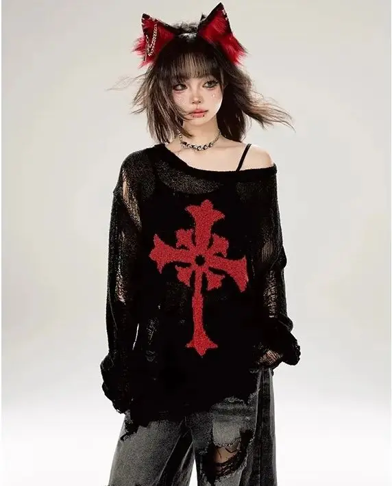 Dark Rock Classic Black Red Tear Ripped Fashion Sweaters Women Gothic Holes Oversized Cross Embroid Long Jumpers Sweater