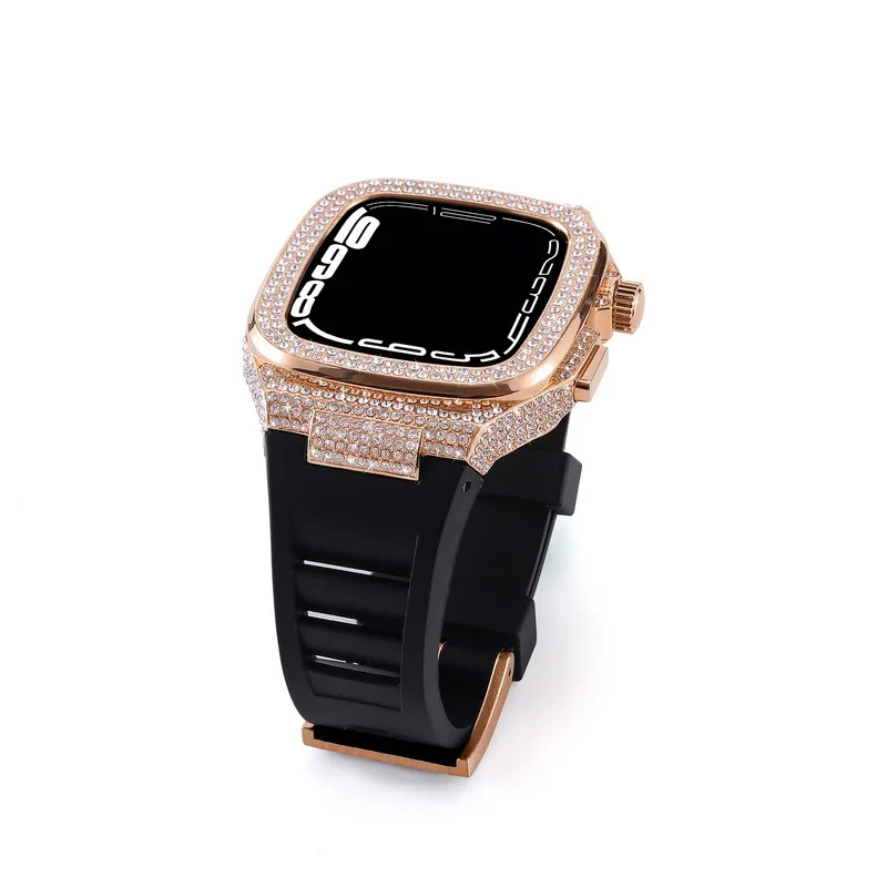 Women Diamond Modification Kit For Apple Watch Band 45MM 44MM Rhinestone Metal Case+Rubber Strap iWatch Series 9 8 7 6Bracelet