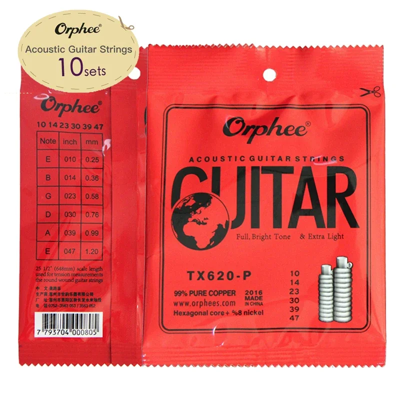 

Extra Light Folk Guitar Strings .010-.047 Orphee Tx620-P 1-Pack High Carbon Steel for Easy Play & Comfort, Beginner Friendly
