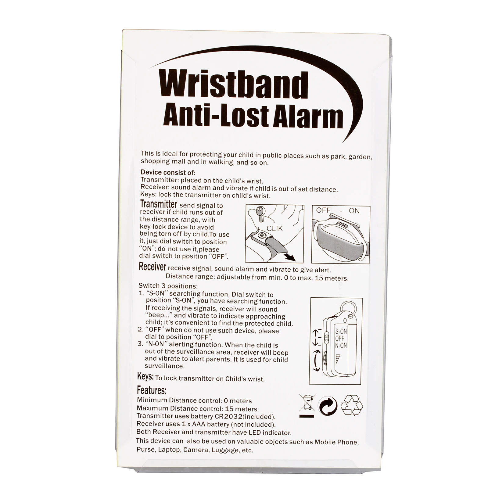 Anti-Lost Keychain Alarme com vibratório Indicador LED, Key Finder, Locator, Pulseira, Saco de criança, Carteira, Key Tracker, 15m