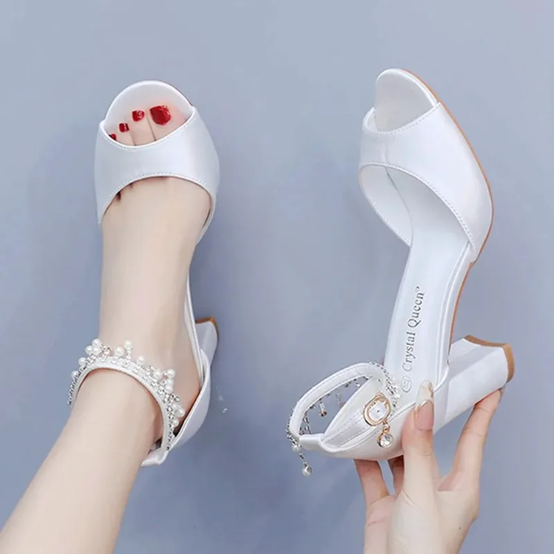 Women Pumps Sandals Ankle Comfortable Open Toe String Bead Tassels Wedding Silk 7.5CM Square Heels Peep Toe Woman Shoe