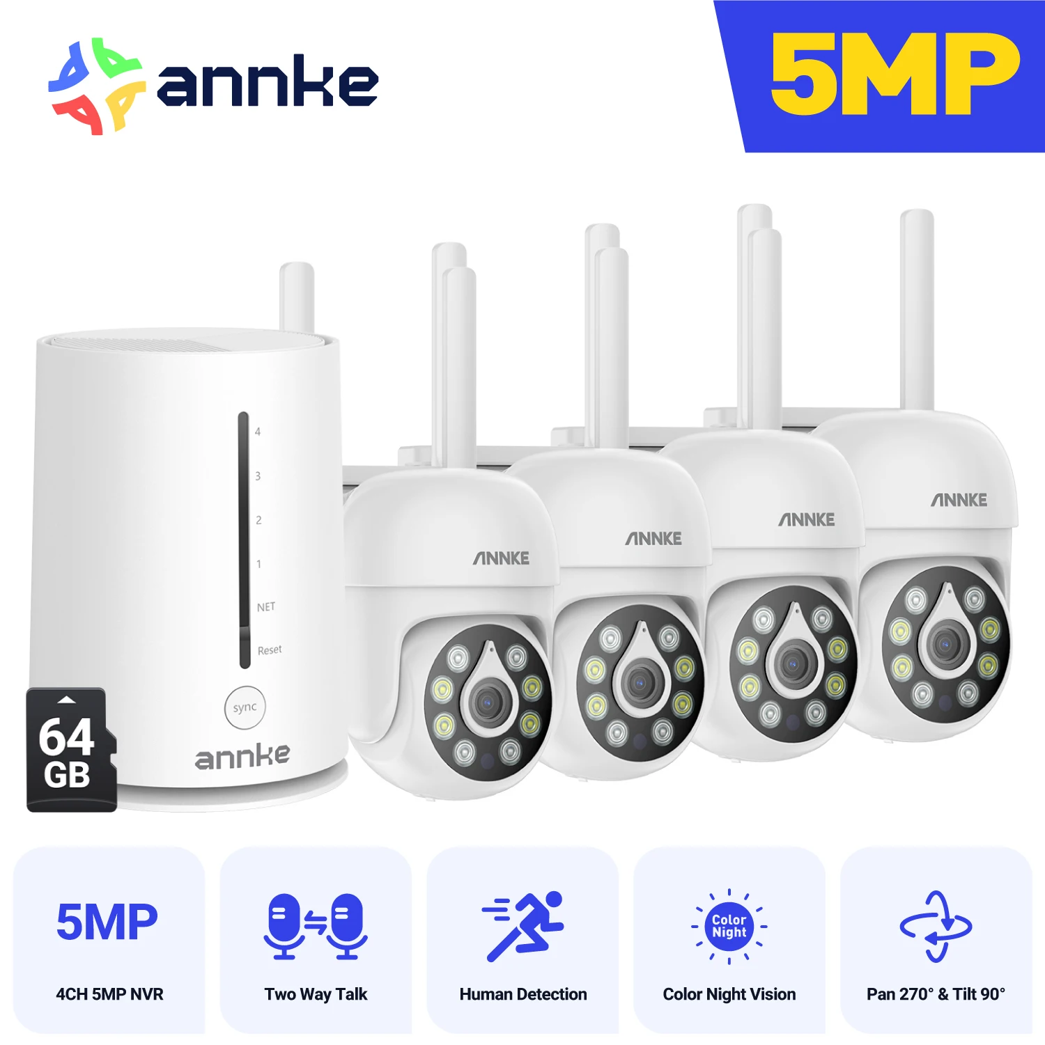 ANNKE 5MP Wireless Security Camera 4PCS Night Vision Outdoor Surveillance Wifi Camera Set Include Home Base Support Alex 64G SD