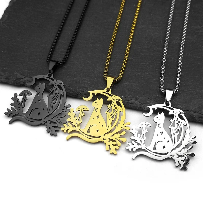 Nacht Hexerei Schwarze Katze Anhänger Halskette Für Frauen Männer Edelstahl Halbmond Pilz Pflanze Kette Schmuck Geschenke – Detail 7