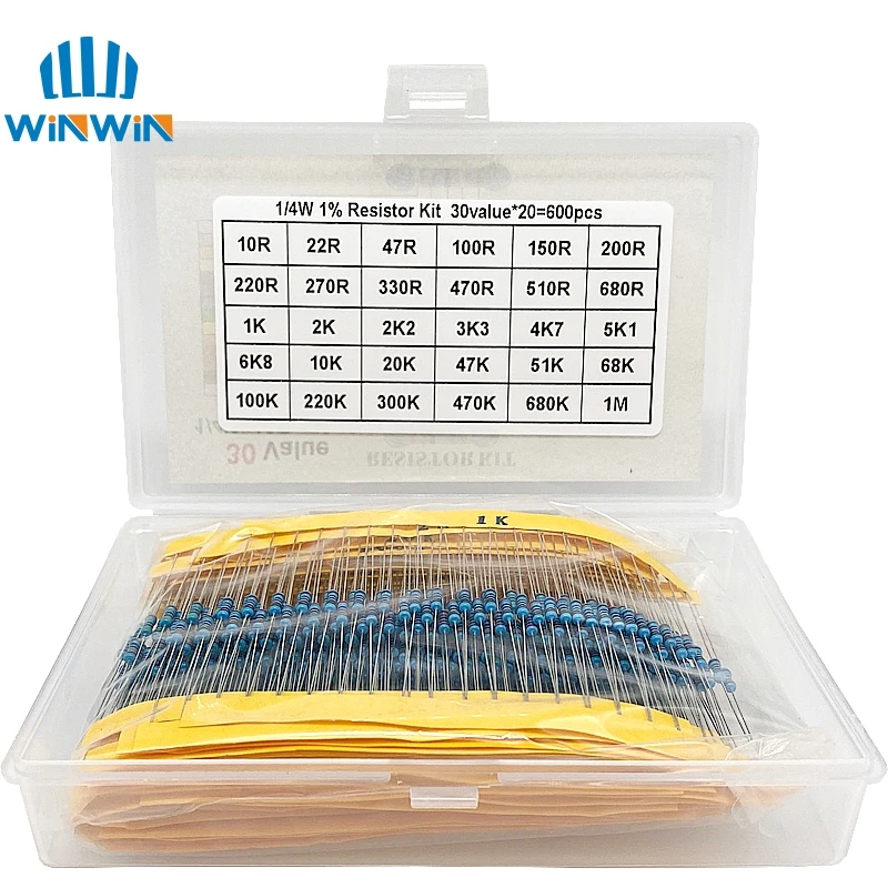 300pcs 600pcs 1/4W Resistance 1% 30 Kind Each 10pcs/20pcs Film Resistor Assorted Kit with box