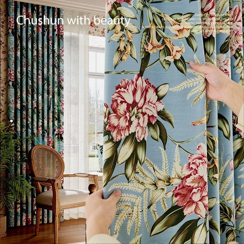 American Country Style Cotton and Linen Printed Sun-protective and Heat-insulating Chenille Curtains for Bedroom and Living Room