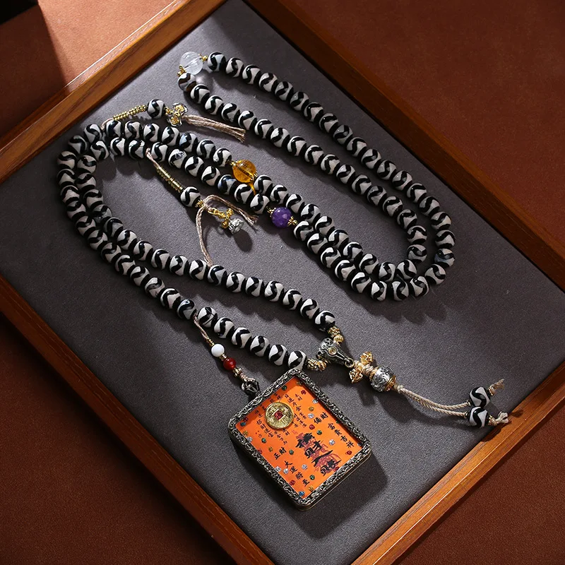 

Буддийское ожерелье-кулон из бусин Дзи с тигровым зубом и сокровищами Тханка, тибетское культурное украшение, аксессуар в этническом стиле