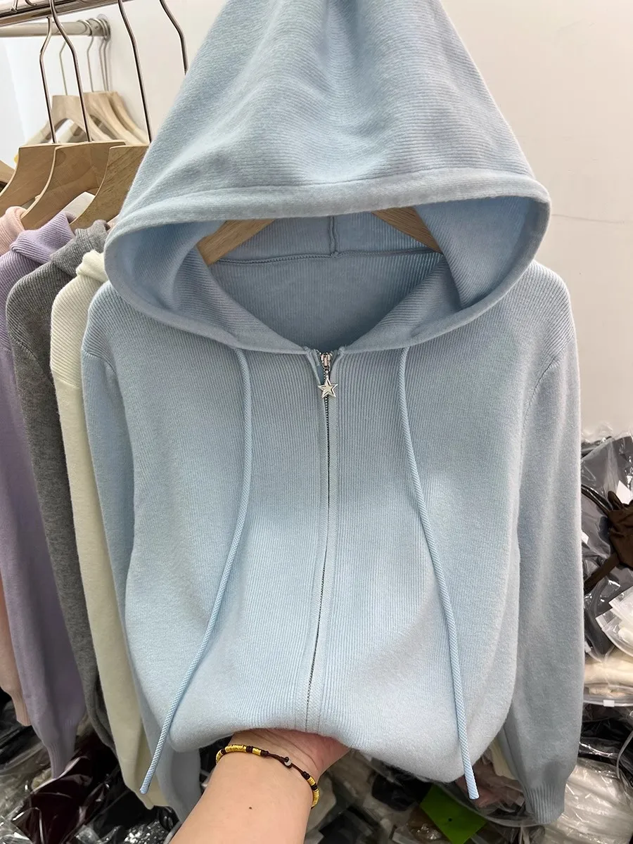 

Korean Style Double Zipper Long Sleeve Knitted Cardigan Women's Outerwear Spring New Casual Sweater Commute Fashion