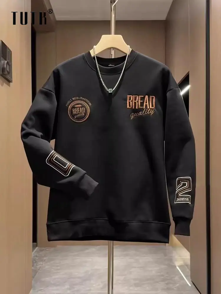 Camiseta Casual Versátil de Manga Longa com Gola Redonda e Bordado Elegante para Homens, Marca da Moda Primavera Outono