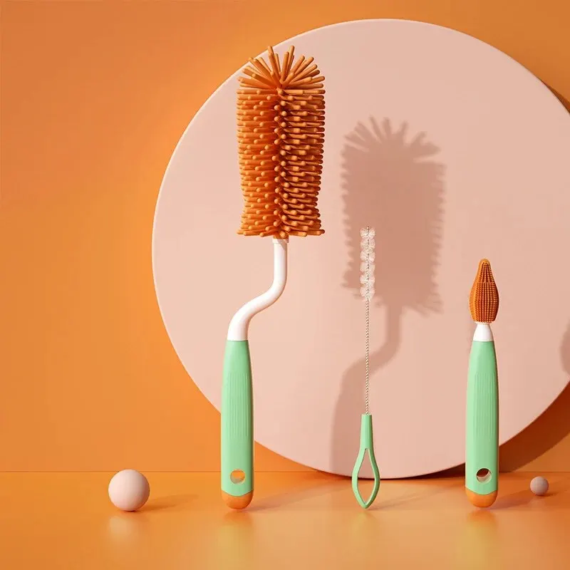 3-Piece Silicone Bottle Brush 360° Rotating Baby Nipple Brush Washing Cup Brush Bottle Cleaning Brush Set image 3