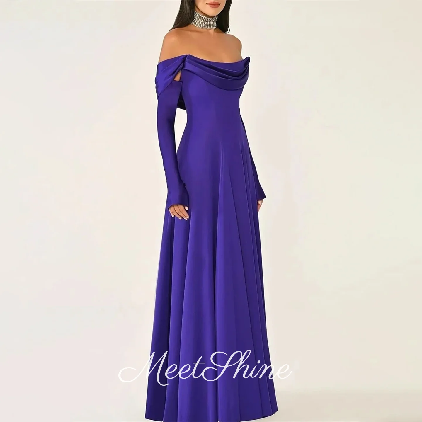 

Dubai Purple Satin Jersey Evening Dresses Classical Long Sleeves Off Shoulder Prom Dress Saudi Arabia Party Dress Customized
