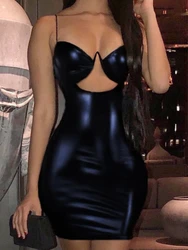 Sexy Wrap Chest Hollow Out PU Leather Slim Bodycon Dress Women Spaghetti Strap senza maniche Skinny Mini Dress Club Party