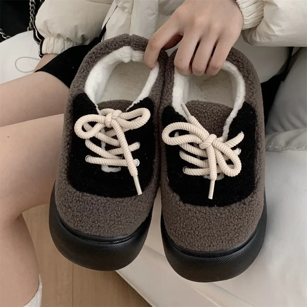 

Sports Wind Patchwork Colour Outer Wear Non-slip Warm Lamb's Wool Cotton Shoes Casual Tied Board Shoes Women Winter Soft Cute