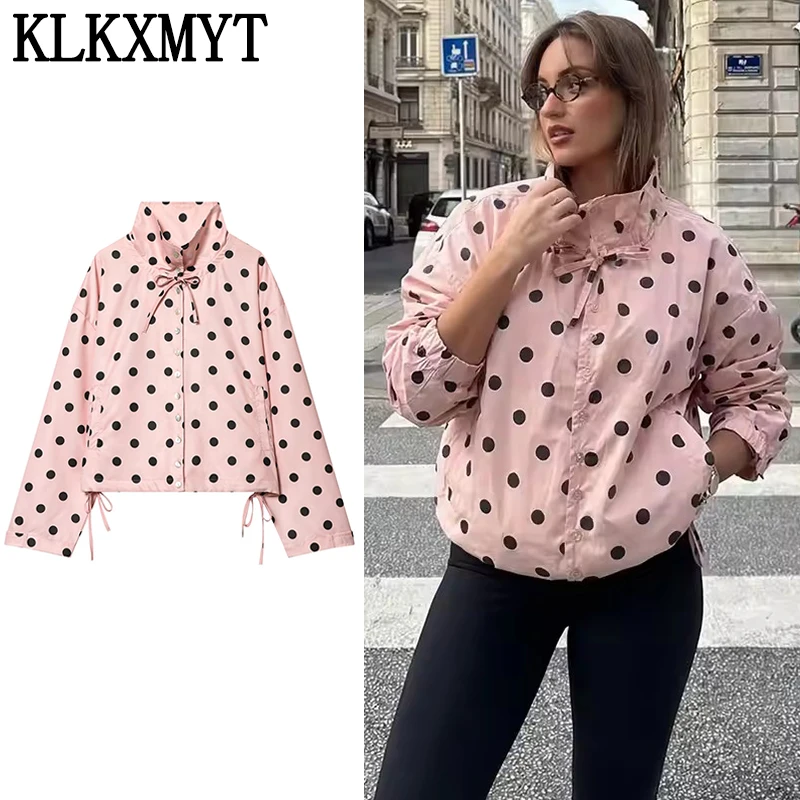 KLKXMYT Polka Dot Kurze Jacken für Damen High Street Langarmmäntel Frau 2026 Elegante Bürodamen Lässige Oberbekleidung