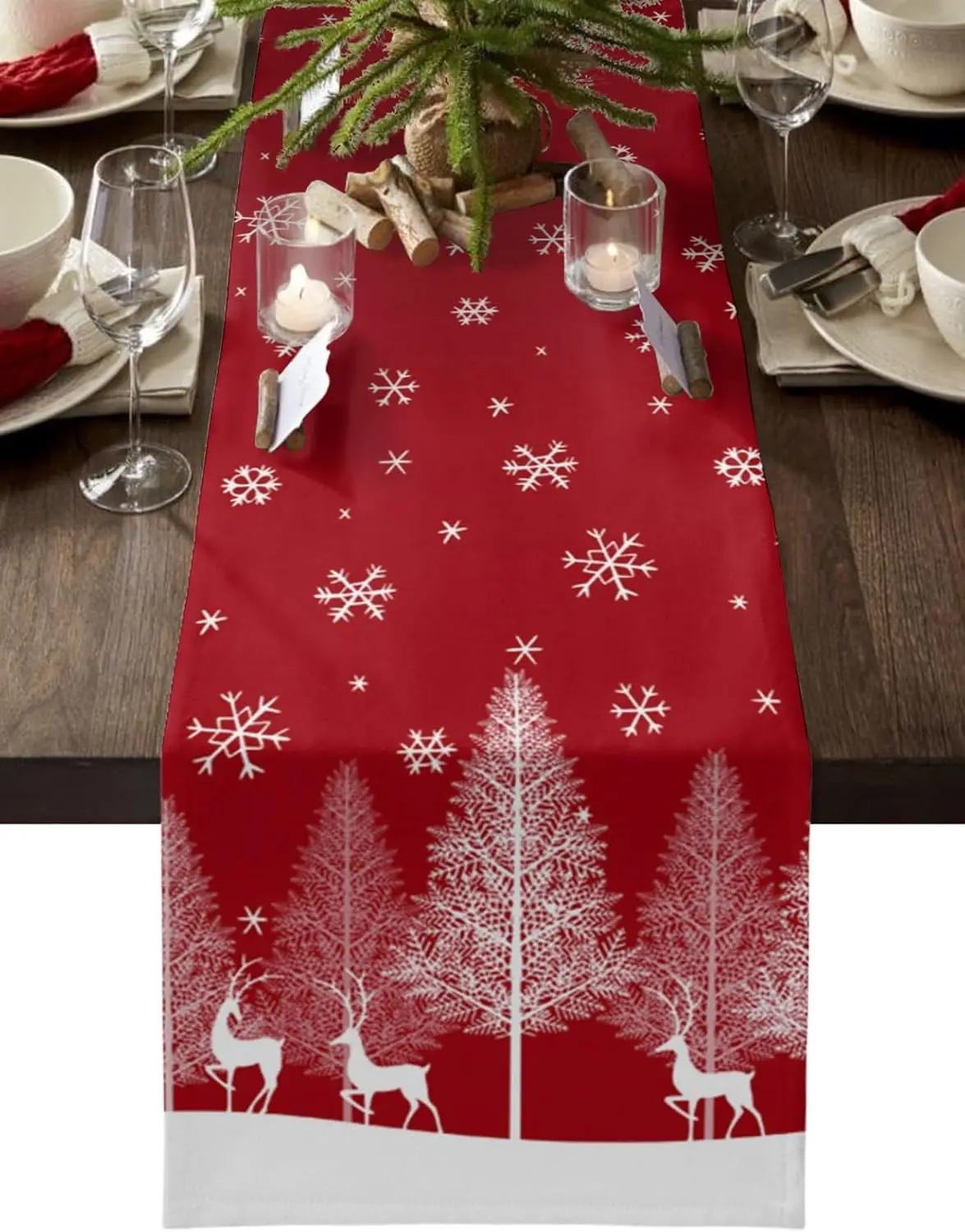 Christmas Elk Pine Tree Forest Red Xmas Snowflake Linen Table Runners Home Decor Washable Dining Table Runners Party Supplies