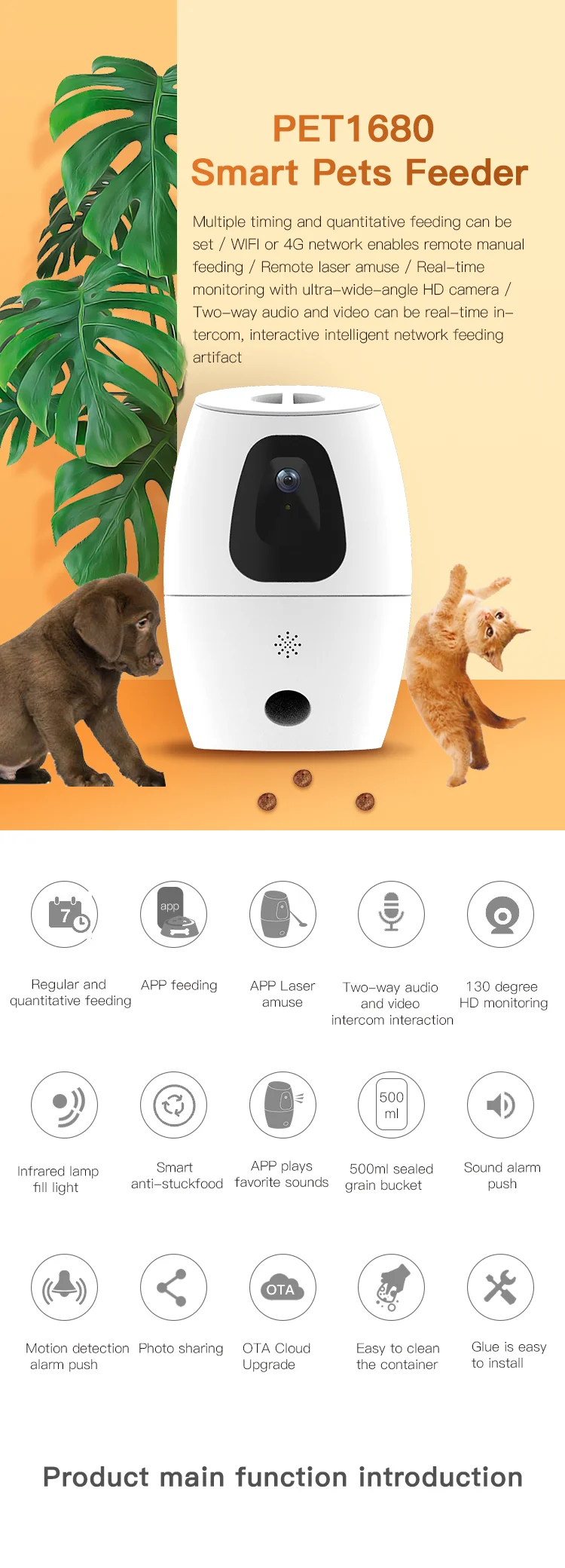 PET1680 Pet Feeder Wifi Mobile Phone App Remote Control Microchip Automatic Pet Feeder