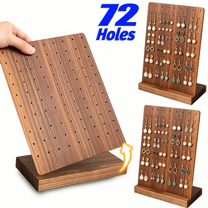 Large Capacity 72 Holes Earring Holder Fashion Simple Wood Stands with Base Earring Hanger Board Jewelry Storage Rack Display