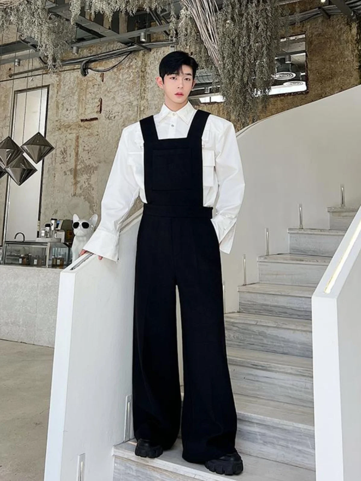 

High Waist Tweed Men's Casual Wide Leg Pants Design Sensation Korean Sle All-Match Long Trousers Autumn Winter Spring