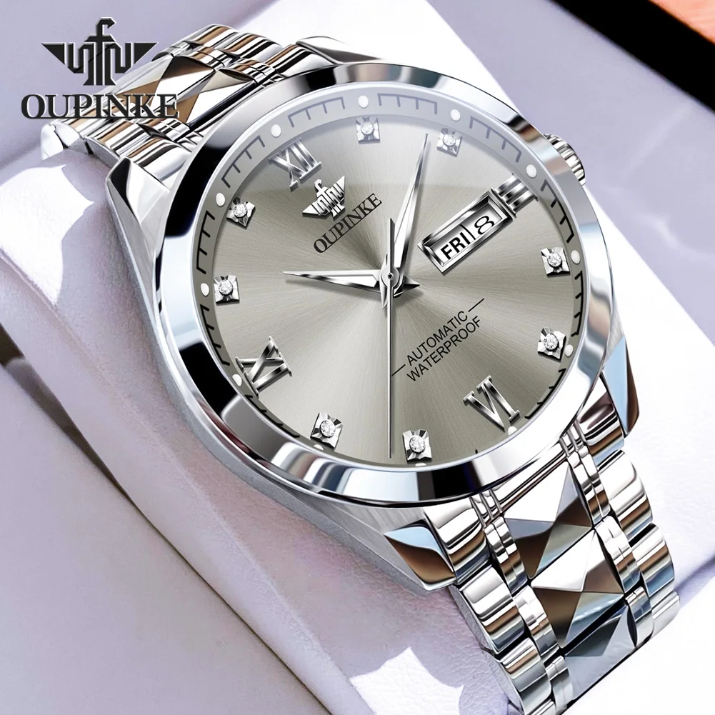 OUPINKE 3262 New Man Watch High-end Luxury Silver Tungsten Steel Strap Diamond Scale Japan Mechanical Movement Automatic Watches