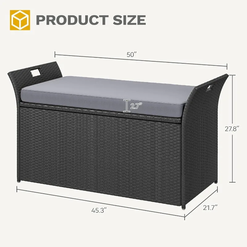 مقعد تخزين خارجي سعة 90 جالونًا، صندوق سطح من الخيزران مع وسادة، مقعد خارجي لتخزين الفناء، ساحة، حمام السباحة، الحديقة، أسود ورمادي