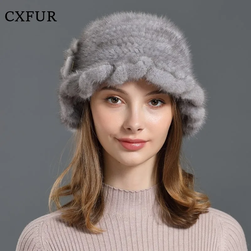 Women Furry Basics Ruffled Bucket Hats Knitted Real Mink Fur Hat CX-C-13D