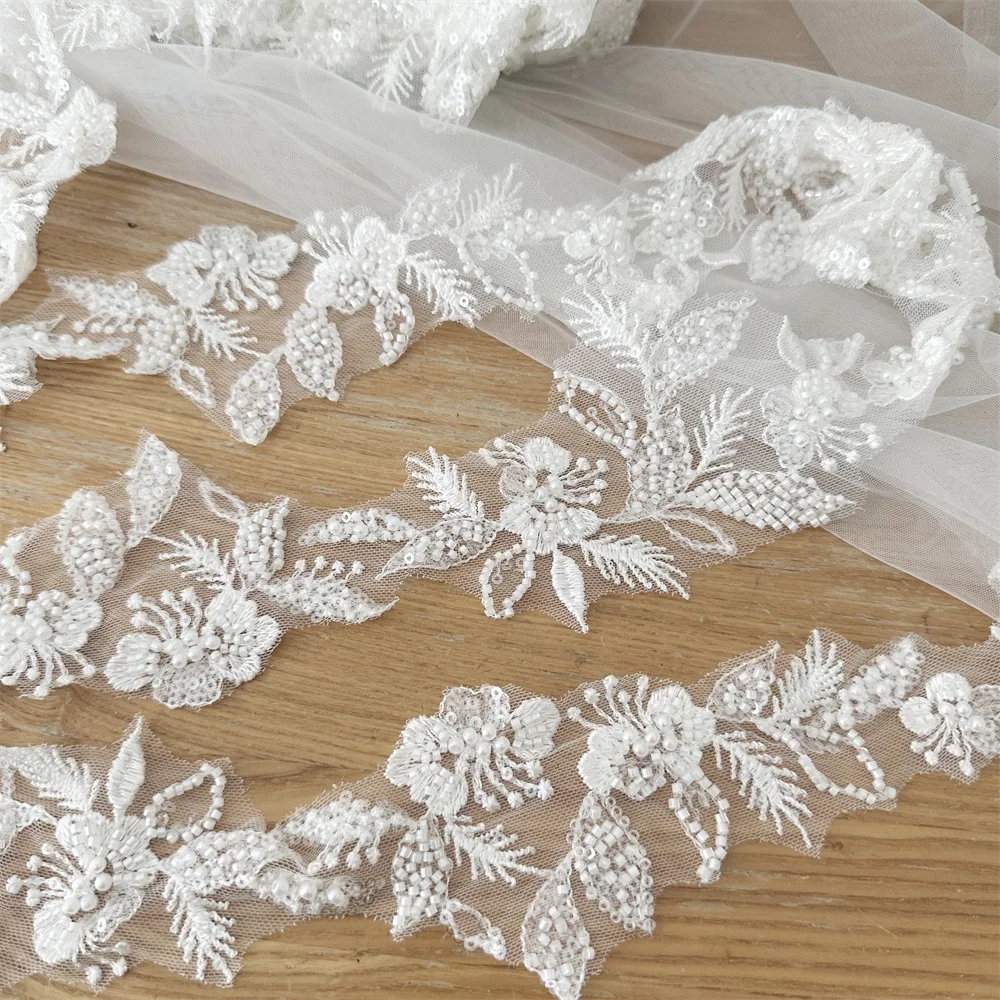 1/3/5 Yard beaded lace sewing embroidery lace trim beaded ivory flower lace Wedding Veil sewing applique