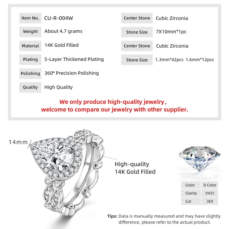 Lnkry 7x10mm Transparent Waterdrop Zirconia Wedding Ring Set For Women 14k Gold Filled Ring Valentine's Day Jewelry Gift