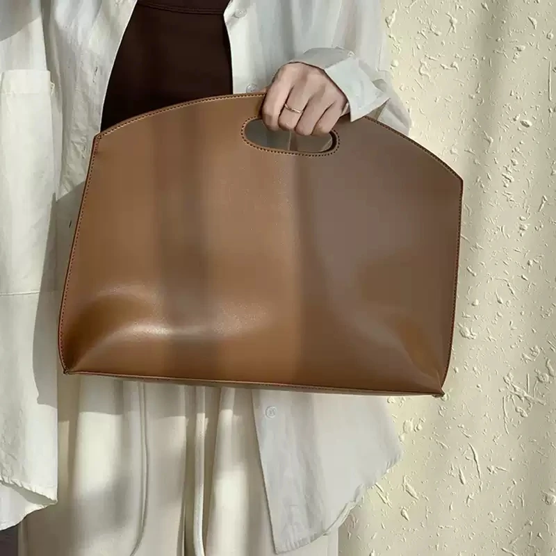 Minimalist 13.3 Inch Laptop Handbag Women Thin PU Leather Hollow Handle Briefcase A4 Document Bag Office Commute