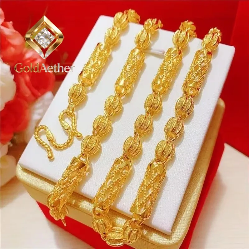 GoldAether 9999 24K Real Gold Smooth Sailing Necklace Pendant Hollowed Out Car Flower Bamboo Chain Domineering Men's Chain Gold