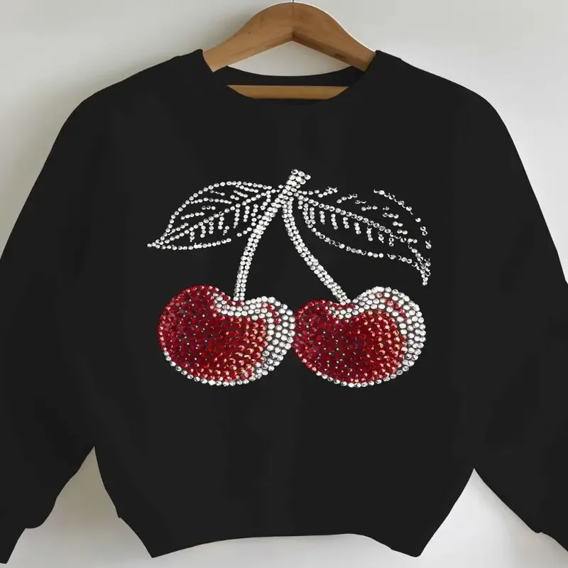 

Fall Winter Women Plus Size Sweatshirt Female Oversize Clothes Detailed Cherries Rhinestones Long Sleeve Round Neck Comfortable