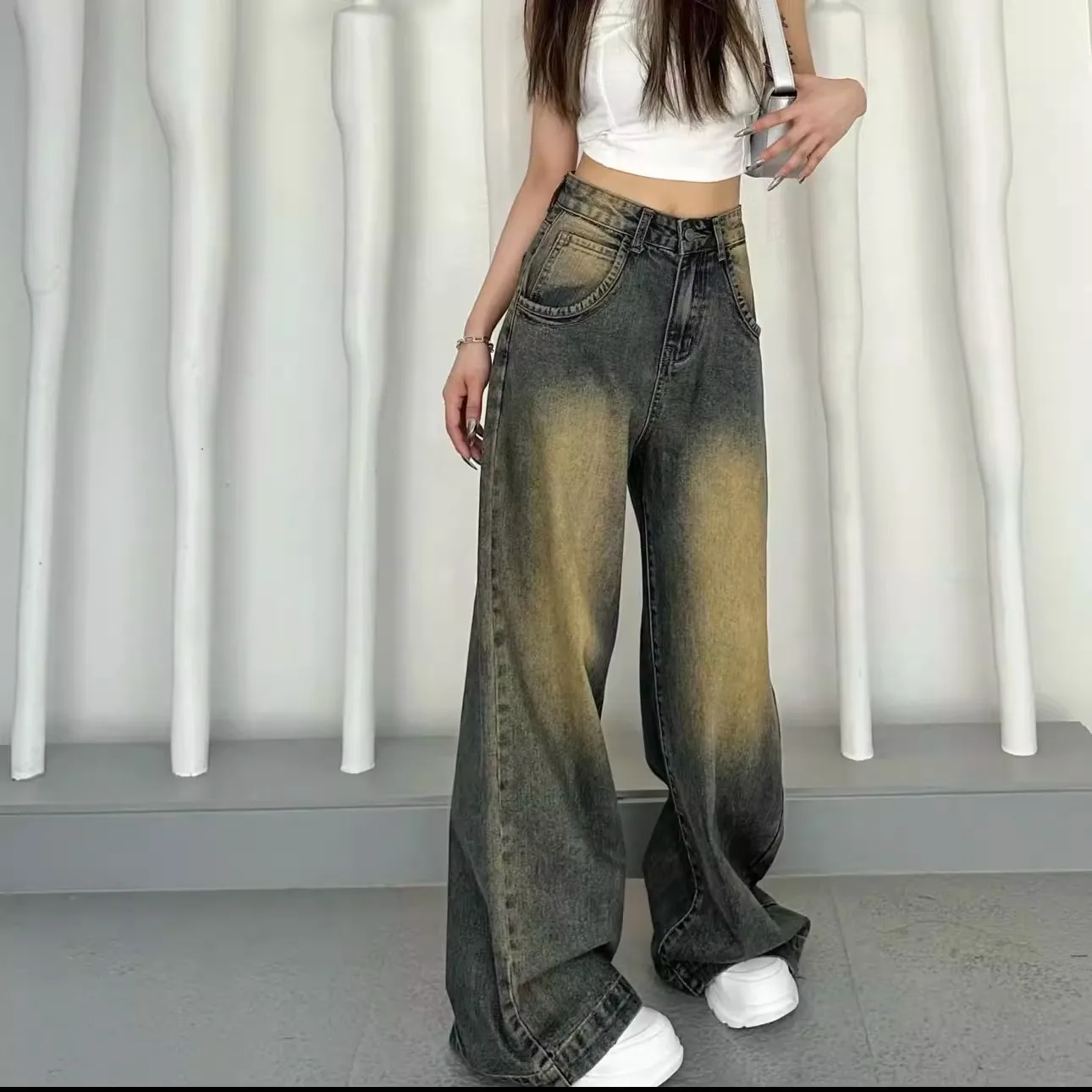 

Y2K Heavy Industry Vintage Gradient Jeans Women Early Autumn Loose Fit Slimming High Waist Wide Leg Pants