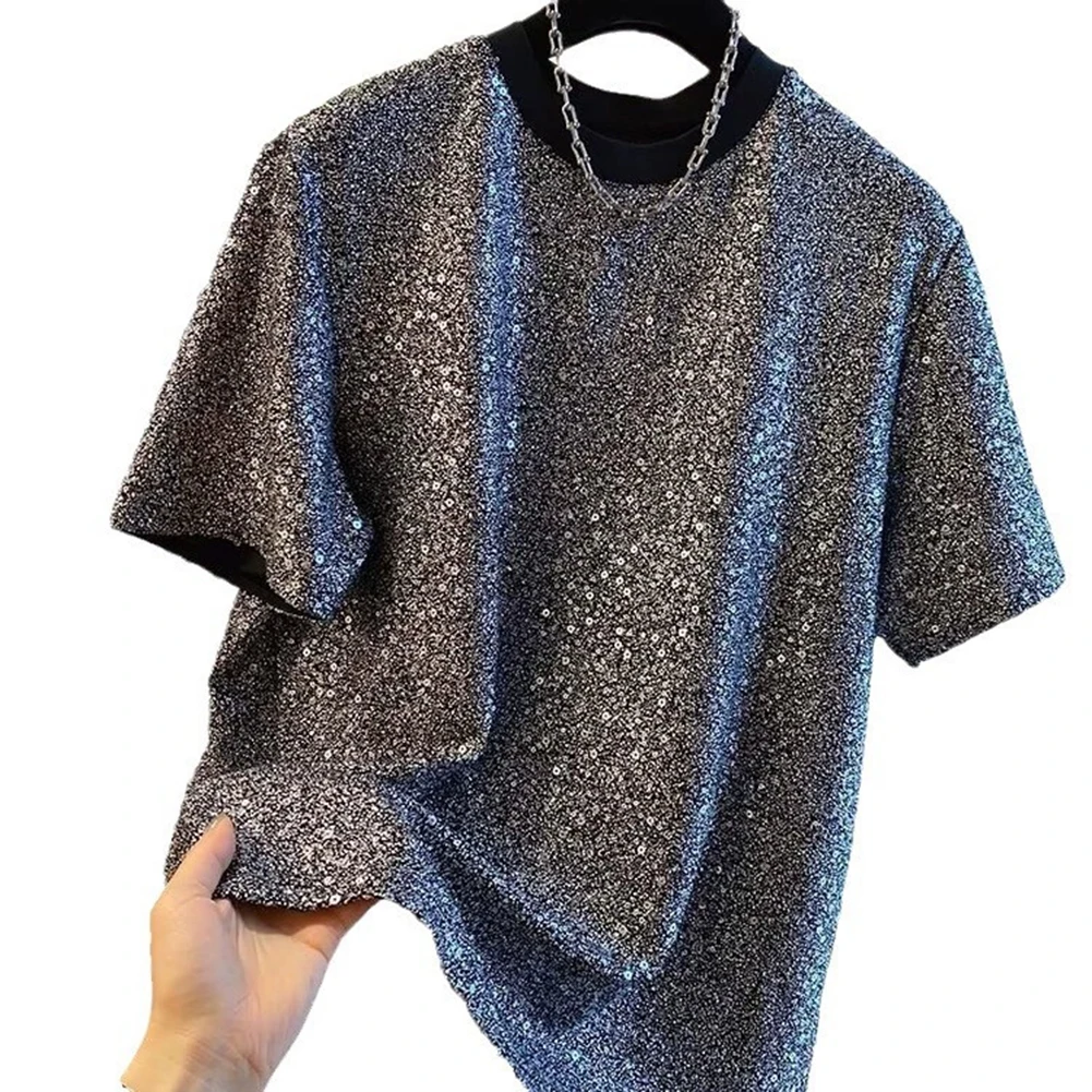 Men Summer Sequined Loose Fit Short Sleeve T Shirt Casual O Neck High Street Top For Vacation Holiday Daily Wear