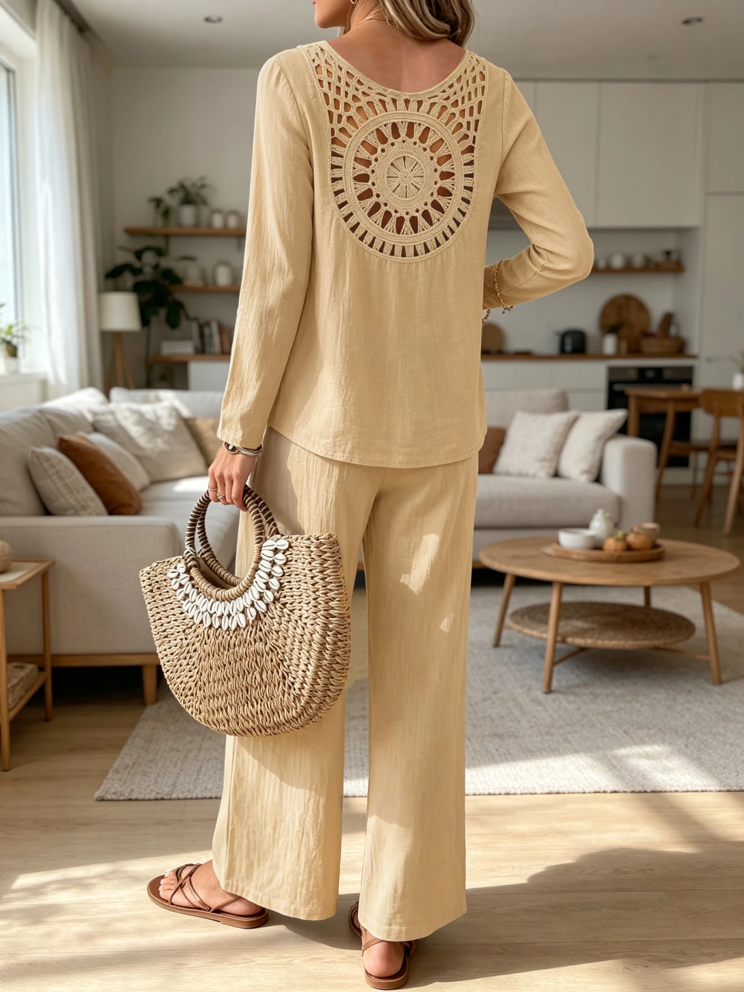 Women 2 Piece Linen Set Long Sleeve Hollow Out Back Blouse Wide Leg Pants Casual Loose Tracksuit Vacation Outfits Multiple Color